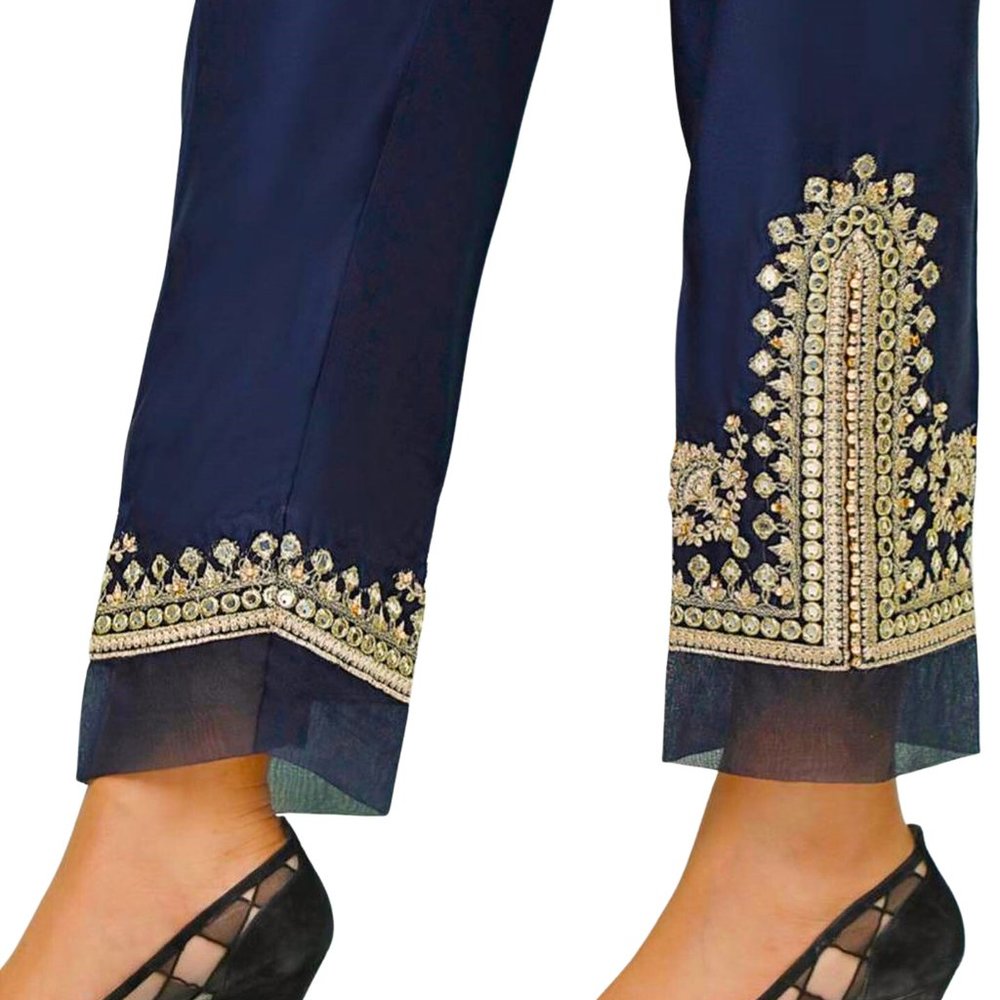 Women's Silk Trouser Pant Mirror Embroidered Sadabahar Designer Pakistani Indian